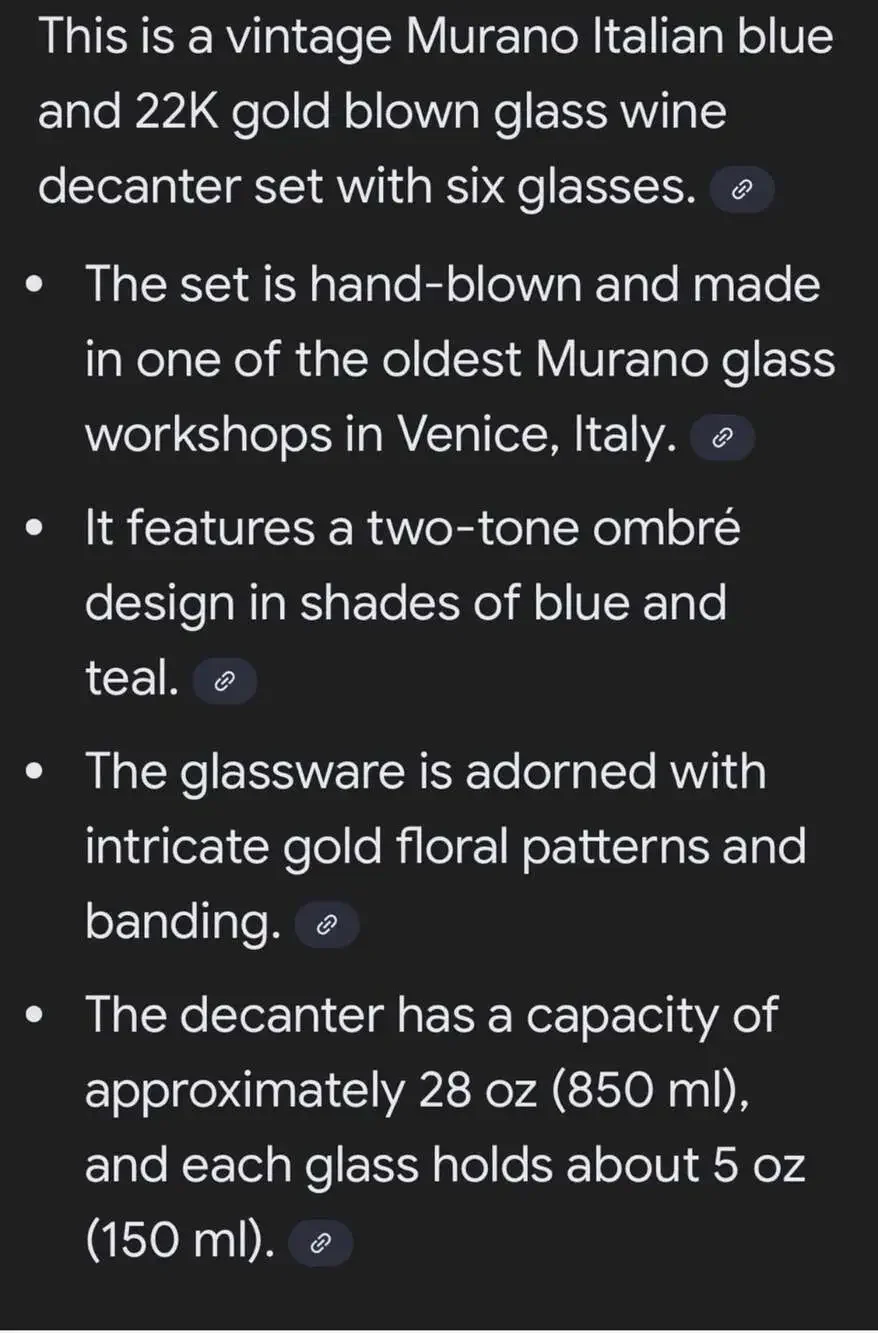 Vtg Vecchia Murano Italian Blue& 22K Gold BlownGlass Wine Decanter Set/6 Glasses